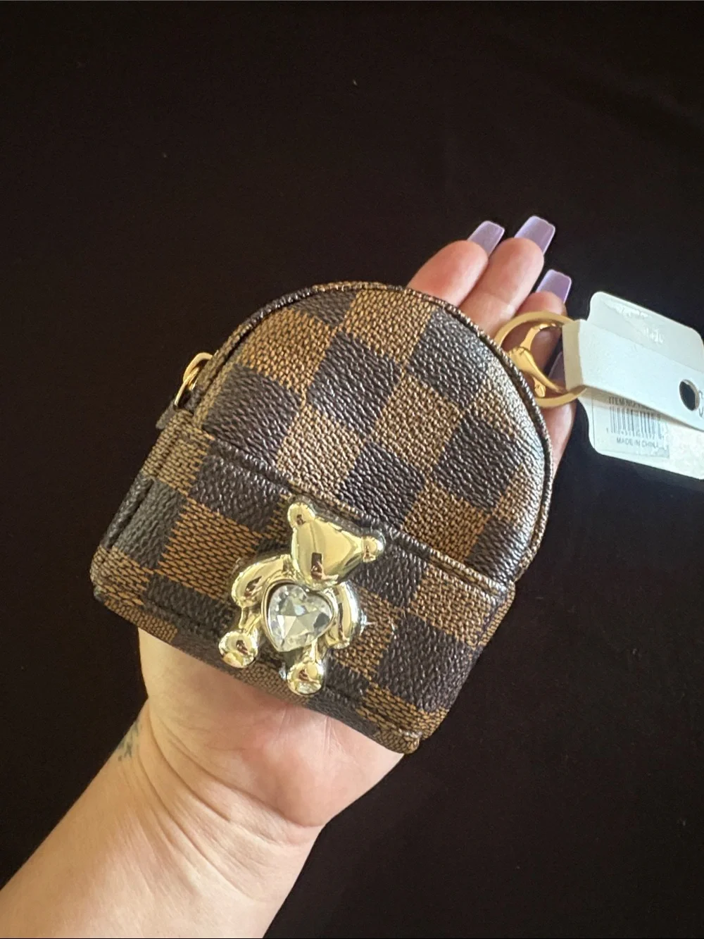Cute Fashion Brown Checkered Mini Backpack Keychain Bag Charm with Gold Bear